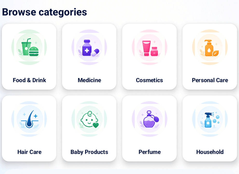 InstaCheck categories grid showing the eight supported product categories: Food & Drinks, Medicines, Cosmetics, Personal Care, Hair Care, Baby Products, Perfumes, and Household