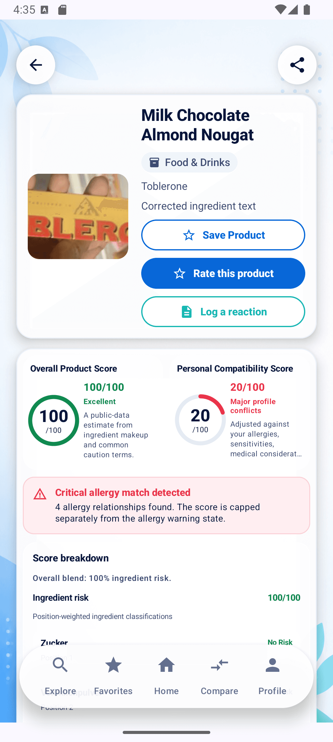 InstaCheck product result showing a critical allergy match and an adjusted Personal Compatibility Score