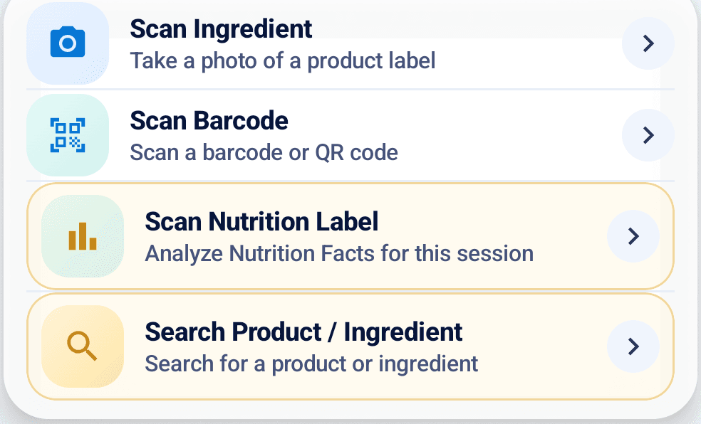 The InstaCheck home screen quick actions: Scan Ingredient, Scan Barcode, Scan Nutrition Label, and Search Product or Ingredient